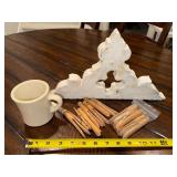 Vintage Ceramic Mug, Wooden Clothespins & Rustic Architectural Piece Vintage Ceramic Mug, Wooden Clothespins & Rustic Architectural Piece