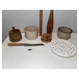 Assorted Vintage Kitchen & Decor Lot: Butter Mold, Crocks, Knife & More Assorted Vintage Kitchen & Decor Lot: Butter Mold, Crocks, Knife & More