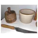 Assorted Vintage Kitchen & Decor Lot: Butter Mold, Crocks, Knife & More Assorted Vintage Kitchen & Decor Lot: Butter Mold, Crocks, Knife & More