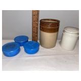 Vintage Ceramic Crock & Jar with 3 Small Blue Milk Glass Containers Vintage Ceramic Crock & Jar with 3 Small Blue Milk Glass Containers