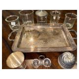 Vintage Ornate Silver Tray with French Glass Jars, Metal Cup & Condiment Holder Vintage Ornate Silver Tray with French Glass Jars, Metal Cup & Condiment Holder