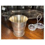 Vintage Ornate Silver Tray with French Glass Jars, Metal Cup & Condiment Holder Vintage Ornate Silver Tray with French Glass Jars, Metal Cup & Condiment Holder