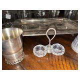Vintage Ornate Silver Tray with French Glass Jars, Metal Cup & Condiment Holder Vintage Ornate Silver Tray with French Glass Jars, Metal Cup & Condiment Holder