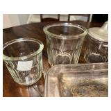 Vintage Ornate Silver Tray with French Glass Jars, Metal Cup & Condiment Holder Vintage Ornate Silver Tray with French Glass Jars, Metal Cup & Condiment Holder