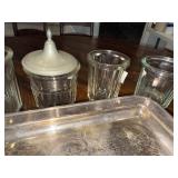 Vintage Ornate Silver Tray with French Glass Jars, Metal Cup & Condiment Holder Vintage Ornate Silver Tray with French Glass Jars, Metal Cup & Condiment Holder