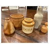 Antique English Stoneware Collection: Cocoa Jar, Bottle, Butter Churn Antique English Stoneware Collection: Cocoa Jar, Bottle, Butter Churn