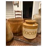 Antique English Stoneware Collection: Cocoa Jar, Bottle, Butter Churn Antique English Stoneware Collection: Cocoa Jar, Bottle, Butter Churn