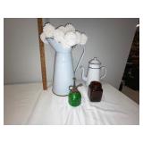 Vintage French Kitchen Set: Enamel Pitcher, Coffee Pot, Glass Mister & Jar Vintage French Kitchen Set: Enamel Pitcher, Coffee Pot, Glass Mister & Jar
