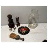 Mixed Vintage Lot: Glass Jar, Wooden Decor, Painted Plate, Figurines Mixed Vintage Lot: Glass Jar, Wooden Decor, Painted Plate, Figurines