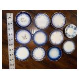 Antique French Flow Blue Butter Pat Plates Set of 11 with Gold Detailing Antique French Flow Blue Butter Pat Plates Set of 11 with Gold Detailing
