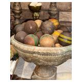 Vintage Bocce Balls in Ornate Planter Vintage Bocce Balls in Ornate Planter