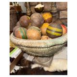 Vintage Bocce Balls in Ornate Planter Vintage Bocce Balls in Ornate Planter