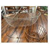 Antique French Wire Harvest Basket and Metal Egg Baskets Set - Large with Wooden Handle & Small Round Antique French Wire Harvest Basket and Metal Egg Baskets Set - Large with Wooden Handle & Small Round