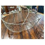 Antique French Wire Harvest Basket and Metal Egg Baskets Set - Large with Wooden Handle & Small Round Antique French Wire Harvest Basket and Metal Egg Baskets Set - Large with Wooden Handle & Small Round