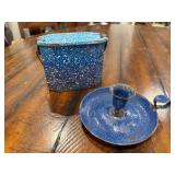 Antique French Blue Speckled Enamel Lunchbox and "Rat de Cave" traditional French Candle Holder Antique French Blue Speckled Enamel Lunchbox and "Rat de Cave" traditional French Candle Holder