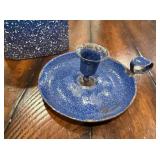 Antique French Blue Speckled Enamel Lunchbox and "Rat de Cave" traditional French Candle Holder Antique French Blue Speckled Enamel Lunchbox and "Rat de Cave" traditional French Candle Holder