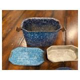 Antique French Blue Speckled Enamel Lunchbox and "Rat de Cave" traditional French Candle Holder Antique French Blue Speckled Enamel Lunchbox and "Rat de Cave" traditional French Candle Holder