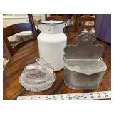 Vintage Enamelware Jug, Glass Rabbit Dish & Metal Container Set Vintage Enamelware Jug, Glass Rabbit Dish & Metal Container Set