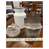 Vintage Enamelware Jug, Glass Rabbit Dish & Metal Container Set Vintage Enamelware Jug, Glass Rabbit Dish & Metal Container Set