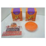 2 Paint Your Own Pumpkin Kits, Paper Plates, Happy Harvest Wooden Decor-lights up