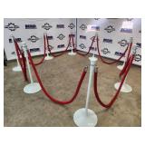 Set of 8 White Crowd Control Stanchions with Red Velvet Ropes