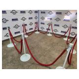 Set of 8 White Crowd Control Stanchions with Red Velvet Ropes