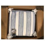 Hampton Bay 18 in. x 18 in. x 18 in. White and Blue Square Outdoor Pouf with Tassel Customer  Returns See Pictures Hampton Bay 18 in. x 18 in. x 18 in. White and Blue Square Outdoor Pouf with Tassel Customer  Returns See Pictures