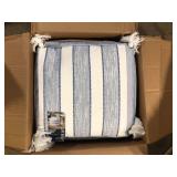 Hampton Bay 18 in. x 18 in. x 18 in. White and Blue Square Outdoor Pouf with Tassel Customer  Returns See Pictures Hampton Bay 18 in. x 18 in. x 18 in. White and Blue Square Outdoor Pouf with Tassel Customer  Returns See Pictures