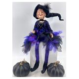 Shelf sitting Halloween Witch Doll with Black Pumpkins Decor Set