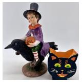 Halloween Figurine of Child on Crow and Black Cat Candy Container