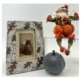 Fall Decor Set: Fairy Figurine, Yarn Pumpkin, and Leaf Embellished Picture Frame