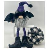 Halloween Gnome with Bat Wings and Plaid Pumpkin Decor Set