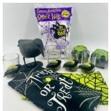 Halloween Decor Bundle with Raven Candle Holders, Towels, Spider Web, and Props