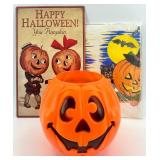 Vintage Halloween Pumpkin Pail, Vintage Style Metal Sign, and Vintage Festive Tablecloth Set
