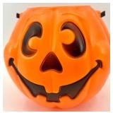 Vintage Halloween Pumpkin Pail, Vintage Style Metal Sign, and Vintage Festive Tablecloth Set