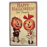 Vintage Halloween Pumpkin Pail, Vintage Style Metal Sign, and Vintage Festive Tablecloth Set
