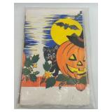 Vintage Halloween Pumpkin Pail, Vintage Style Metal Sign, and Vintage Festive Tablecloth Set