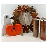Autumn and Halloween Decor Set with Wood Figures and Ribbon Rolls