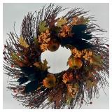Fall Harvest Wreath with Pumpkins, Berries, Leaves, and Black Birds