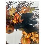 Fall Harvest Wreath with Pumpkins, Berries, Leaves, and Black Birds