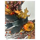 Fall Harvest Wreath with Pumpkins, Berries, Leaves, and Black Birds