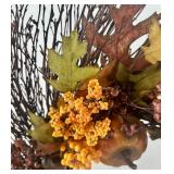 Fall Harvest Wreath with Pumpkins, Berries, Leaves, and Black Birds