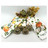 6 Fall Pumpkin Kitchen Towels with 4 Pumpkin Napkin Rings and Faux Fall Decor