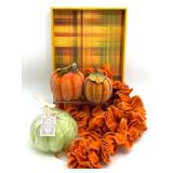 Fall Decor Lot with Pumpkins, LED Candle, Ruffled Garland, and Plaid Tray
