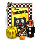 Halloween Black Cat Wall Art, Vintage Felt Pumpkin Figure and Decorative Pumpkins Set