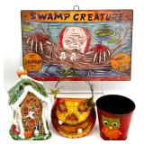 Halloween Decor with Swamp Creature Sign, Ceramic Haunted House, Pumpkin Pail, and Owl Bucket