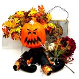 Halloween Decor with Light-Up Pumpkin, Witch Legs, Faux Fall Floral and Welcome sign