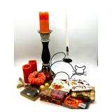 Collection of Autumn Candle Decor with Holders, NEW Fall Themed Tea Towels, Ceramic Corn S&P Shakers from Japan and Fall Accents