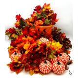 Large Fall Decor Lot with Gingham Pumpkins, Halloween Bucket, Faux Leaves, Flowers, and Candles