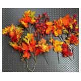Large Fall Decor Lot with Gingham Pumpkins, Halloween Bucket, Faux Leaves, Flowers, and Candles
